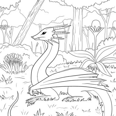 Bir ejderhanın siyah-beyaz renkli mürekkep çizimi.