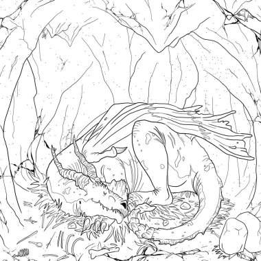 Bir ejderhanın siyah-beyaz renkli mürekkep çizimi.