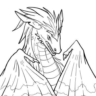 Bir ejderhanın siyah-beyaz renkli mürekkep çizimi.