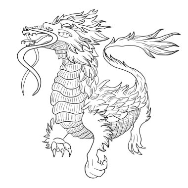 Bir ejderhanın siyah-beyaz renkli mürekkep çizimi.