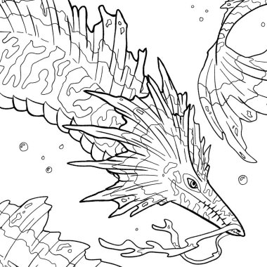 Bir ejderhanın siyah-beyaz renkli mürekkep çizimi.