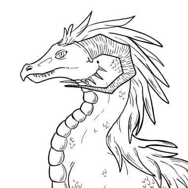 Bir ejderhanın siyah-beyaz renkli mürekkep çizimi.