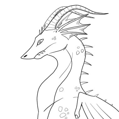 Bir ejderhanın siyah-beyaz renkli mürekkep çizimi.