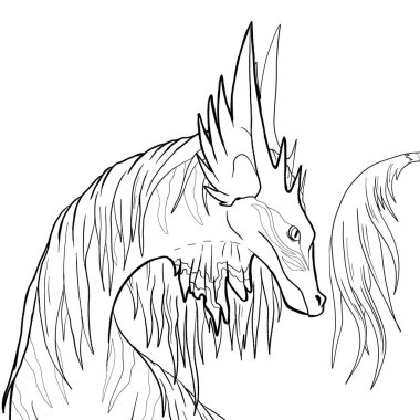Bir ejderhanın siyah-beyaz renkli mürekkep çizimi.