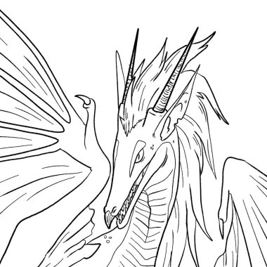 Bir ejderhanın siyah-beyaz renkli mürekkep çizimi.