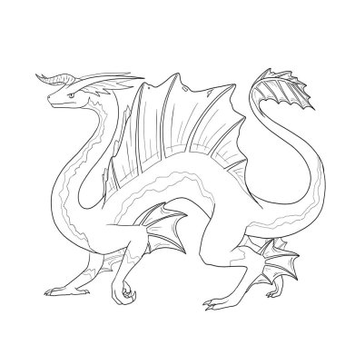 Bir ejderhanın siyah-beyaz renkli mürekkep çizimi.