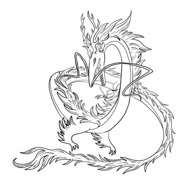 Bir ejderhanın siyah-beyaz renkli mürekkep çizimi.