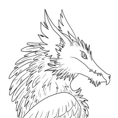 Bir ejderhanın siyah-beyaz renkli mürekkep çizimi.