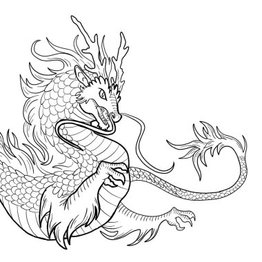 Bir ejderhanın siyah-beyaz renkli mürekkep çizimi.