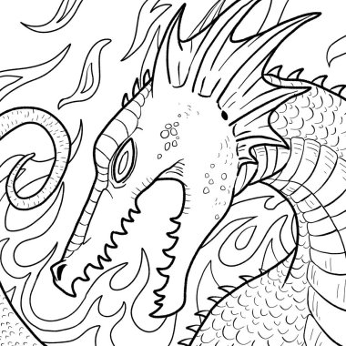 Bir ejderhanın siyah-beyaz renkli mürekkep çizimi.