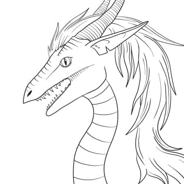 Bir ejderhanın siyah-beyaz renkli mürekkep çizimi.