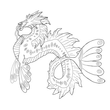 Bir ejderhanın siyah-beyaz renkli mürekkep çizimi.