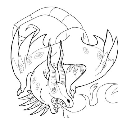 Bir ejderhanın siyah-beyaz renkli mürekkep çizimi.