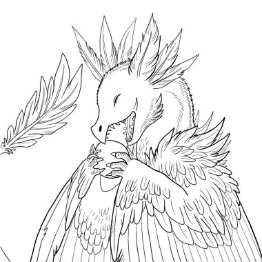 Bir ejderhanın siyah-beyaz renkli mürekkep çizimi.