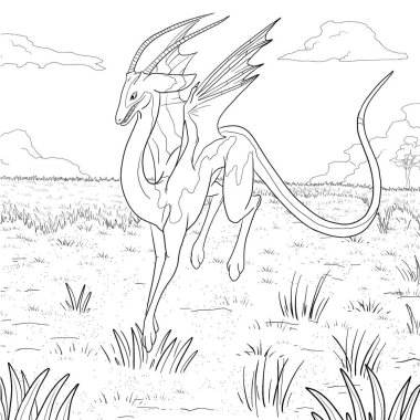 Bir ejderhanın siyah-beyaz renkli mürekkep çizimi.