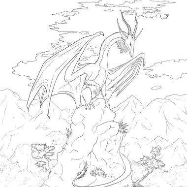Bir ejderhanın siyah-beyaz renkli mürekkep çizimi.