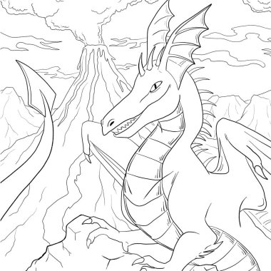 Bir ejderhanın siyah-beyaz renkli mürekkep çizimi.