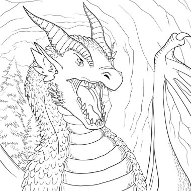 Bir ejderhanın siyah-beyaz renkli mürekkep çizimi.