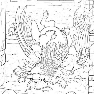 Bir ejderhanın siyah-beyaz renkli mürekkep çizimi.