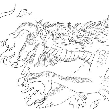 Bir ejderhanın siyah-beyaz renkli mürekkep çizimi.