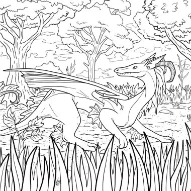 Bir ejderhanın siyah-beyaz renkli mürekkep çizimi.