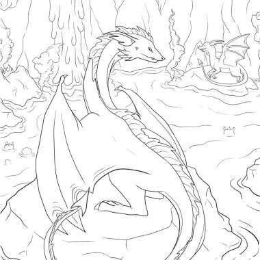 Bir ejderhanın siyah-beyaz renkli mürekkep çizimi.