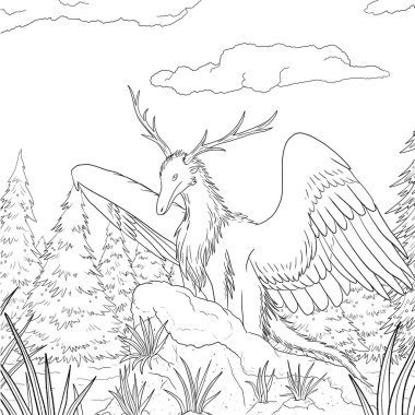 Bir ejderhanın siyah-beyaz renkli mürekkep çizimi.