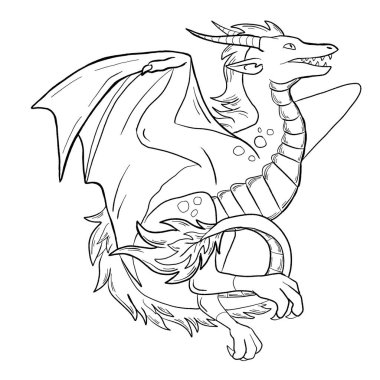 Bir ejderhanın siyah-beyaz renkli mürekkep çizimi.