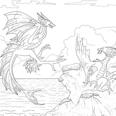 Bir ejderhanın siyah-beyaz renkli mürekkep çizimi.