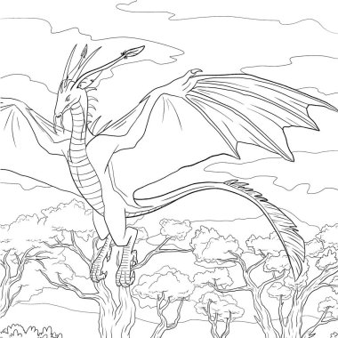 Bir ejderhanın siyah-beyaz renkli mürekkep çizimi.