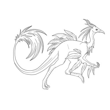 Bir ejderhanın siyah-beyaz renkli mürekkep çizimi.