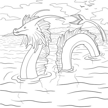 Bir ejderhanın siyah-beyaz renkli mürekkep çizimi.