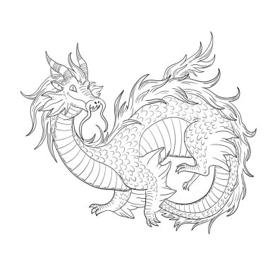 Bir ejderhanın siyah-beyaz renkli mürekkep çizimi.