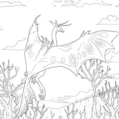 Bir ejderhanın siyah-beyaz renkli mürekkep çizimi.