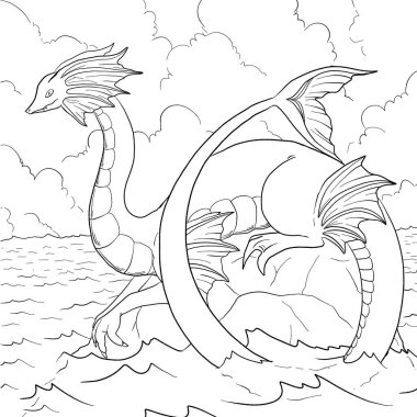Bir ejderhanın siyah-beyaz renkli mürekkep çizimi.