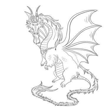 Bir ejderhanın siyah-beyaz renkli mürekkep çizimi.