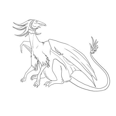 Bir ejderhanın siyah-beyaz renkli mürekkep çizimi.