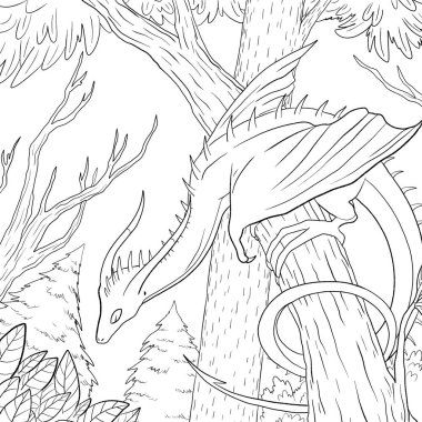 Bir ejderhanın siyah-beyaz renkli mürekkep çizimi.