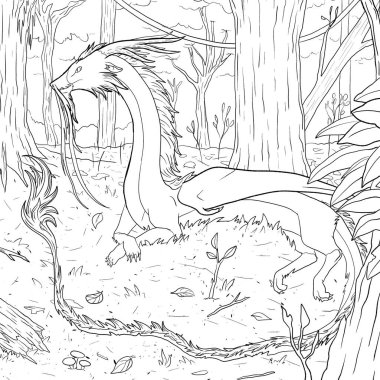 Bir ejderhanın siyah-beyaz renkli mürekkep çizimi.