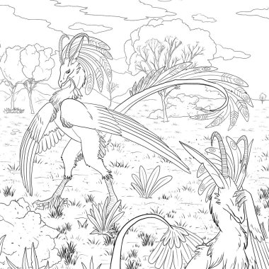 Bir ejderhanın siyah-beyaz renkli mürekkep çizimi.