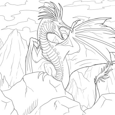 Bir ejderhanın siyah-beyaz renkli mürekkep çizimi.