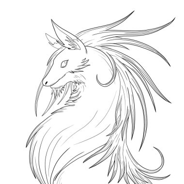 Bir ejderhanın siyah-beyaz renkli mürekkep çizimi.