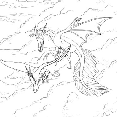 Bir ejderhanın siyah-beyaz renkli mürekkep çizimi.