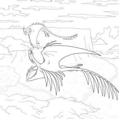 Bir ejderhanın siyah-beyaz renkli mürekkep çizimi.