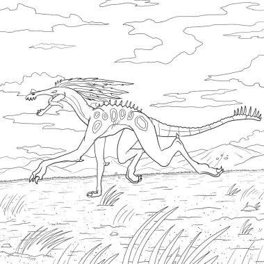 Bir ejderhanın siyah-beyaz renkli mürekkep çizimi.