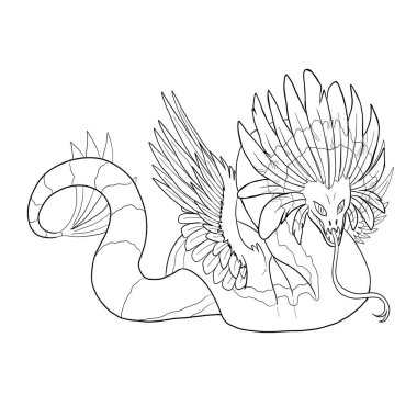 Bir ejderhanın siyah-beyaz renkli mürekkep çizimi.