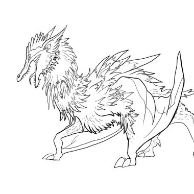 Bir ejderhanın siyah-beyaz renkli mürekkep çizimi.