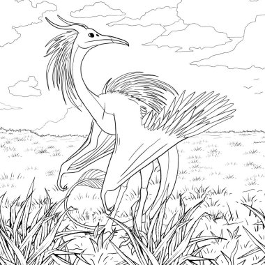 Bir ejderhanın siyah-beyaz renkli mürekkep çizimi.