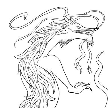 Bir ejderhanın siyah-beyaz renkli mürekkep çizimi.