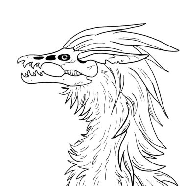 Bir ejderhanın siyah-beyaz renkli mürekkep çizimi.
